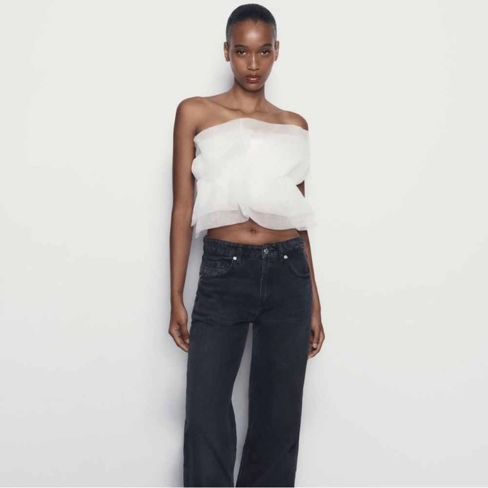 Women's White Strapless Layered Organza Top